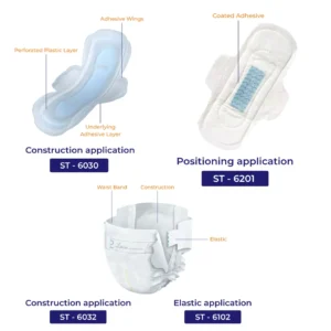 HMPSA adhesive application in sanitary pads and diapers for secure, skin-friendly bonding.