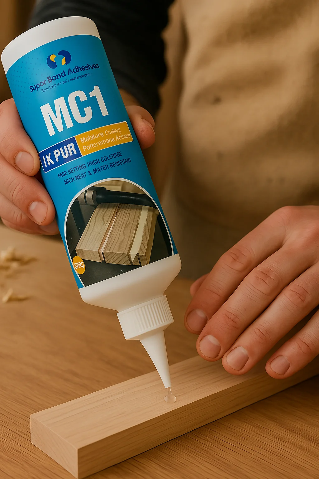 Person applying SuperBond 1K PUR adhesive MC1 on wood – moisture-curing polyurethane adhesive for woodworking and industrial use.