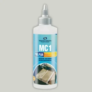SuperBond 1K PUR adhesive MC1 bottle – moisture-curing polyurethane adhesive for woodworking, construction, and industrial applications.
