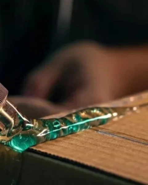 HMPSA Adhesive being applied by a glue gun