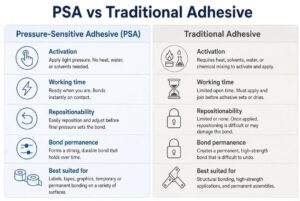 pressure-sensitive adhesive versus traditional adhesives showing differences in activation, working time, repositionability, permanence and best uses.