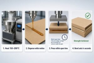 Step-by-step process diagram showing how to apply hot melt adhesive correctly: heat, dispense, press within open time, and final bond.