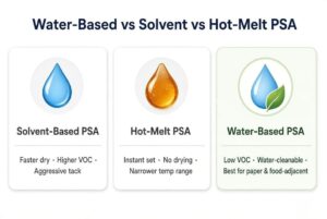 water-based, solvent-based and hot-melt pressure-sensitive adhesives highlighting VOC, speed and ideal applications.