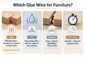 Comparison chart showing when to choose PVA, polyurethane, epoxy or hot melt adhesive for wood furniture joints.